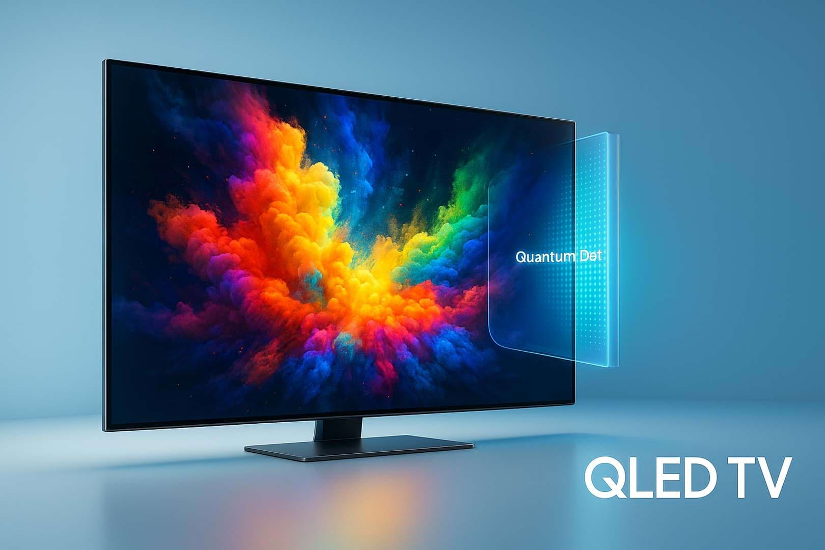 Fotorealistična ilustracija QLED televizora prikazuje eksploziju boja na HDR ekranu, uz proziran sloj s oznakom “Quantum Dot” koji objašnjava tehnologiju kvantnih točaka.